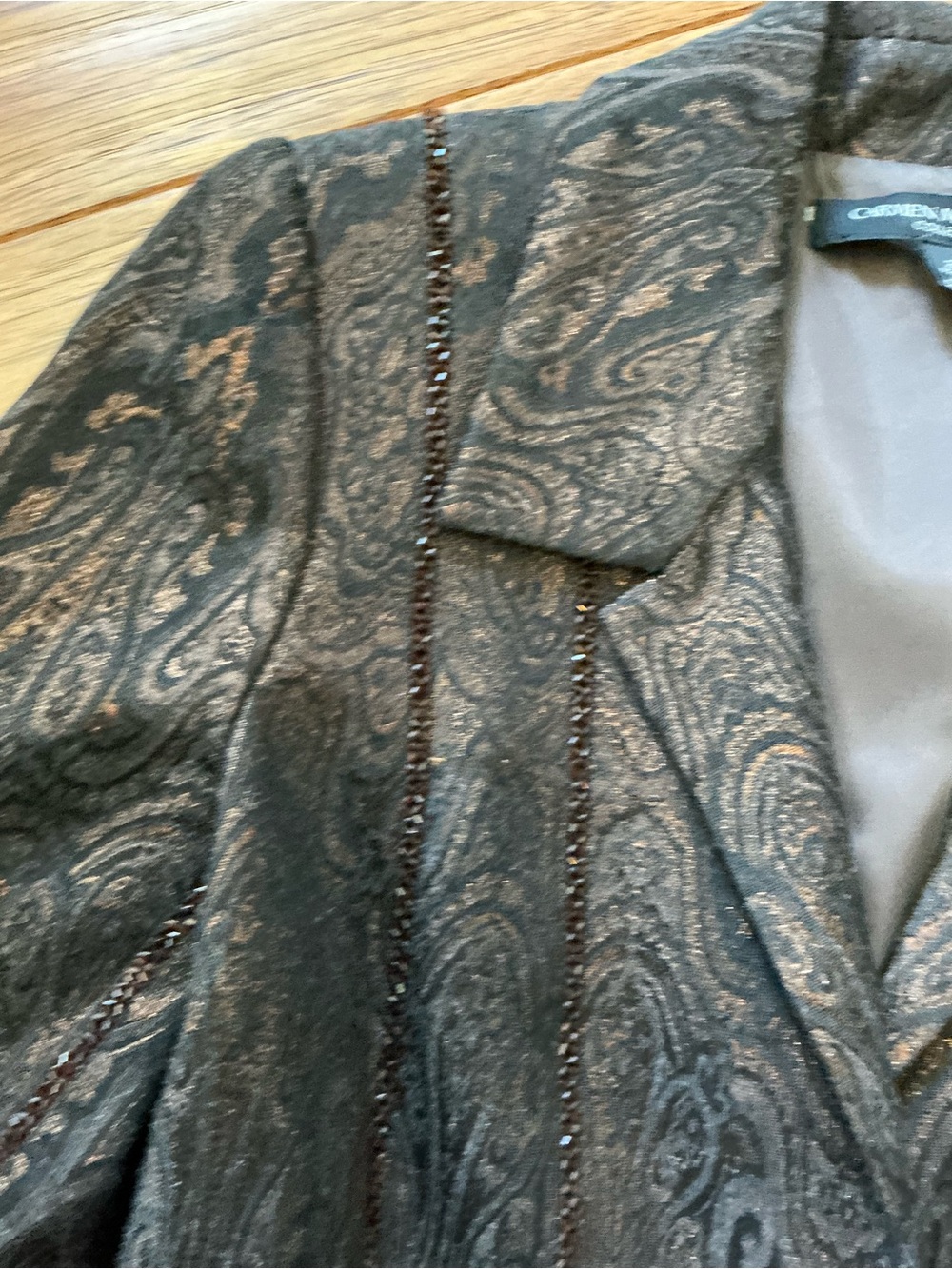 Carmen Marc Valvo Collection Black and Brown Pattern Long Coat, Beaded Detail, 2 - Picture 4 of 11